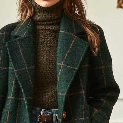 Women's Plaid Wool Coat Vintage Long Lapel Jacket