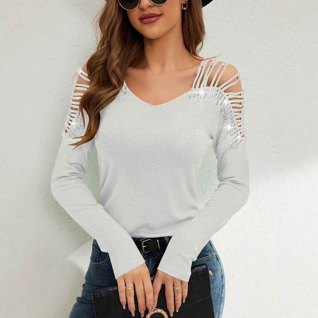 Lace Splicing V-Neck Long Sleeve T-Shirt with Hot Diamonds