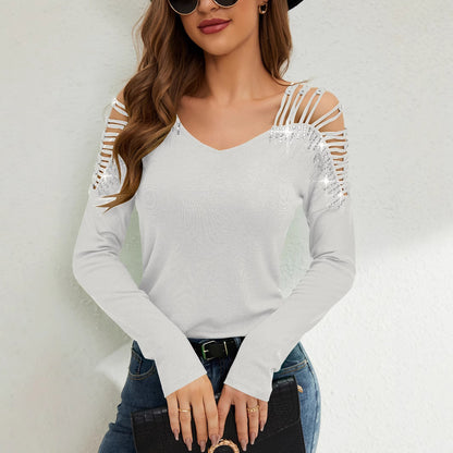 Lace Splicing V-Neck Long Sleeve T-Shirt with Hot Diamonds