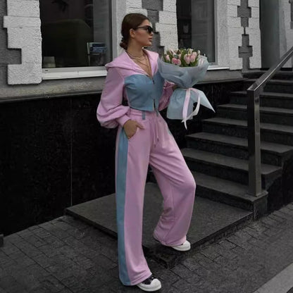 Women's 2 Piece Color Block Denim Hoodie Jogger Set