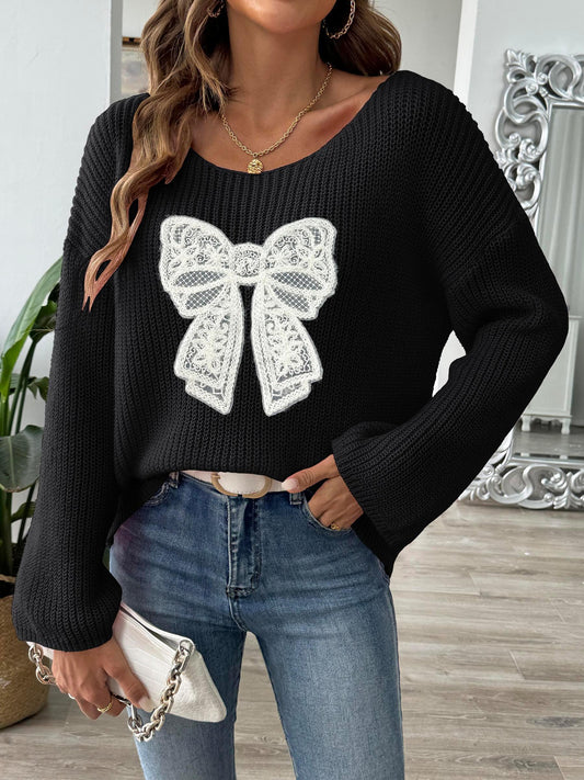 Women’s Lace Bow Applique Waffle Knit Bell Sleeve Top
