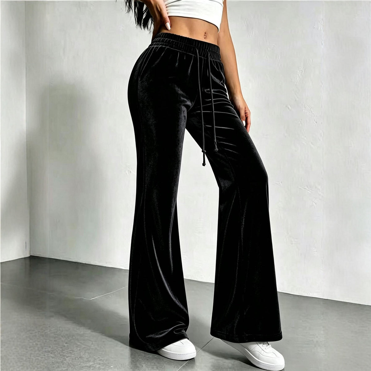 Women's Velvet High Waist Flare Pants Drawstring Casual