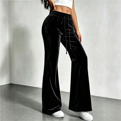 Women's Velvet High Waist Flare Pants Drawstring Casual