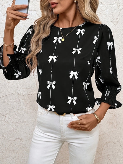 Women's Bow Print Smocked Blouse 3/4 Bell Sleeve Crew Neck