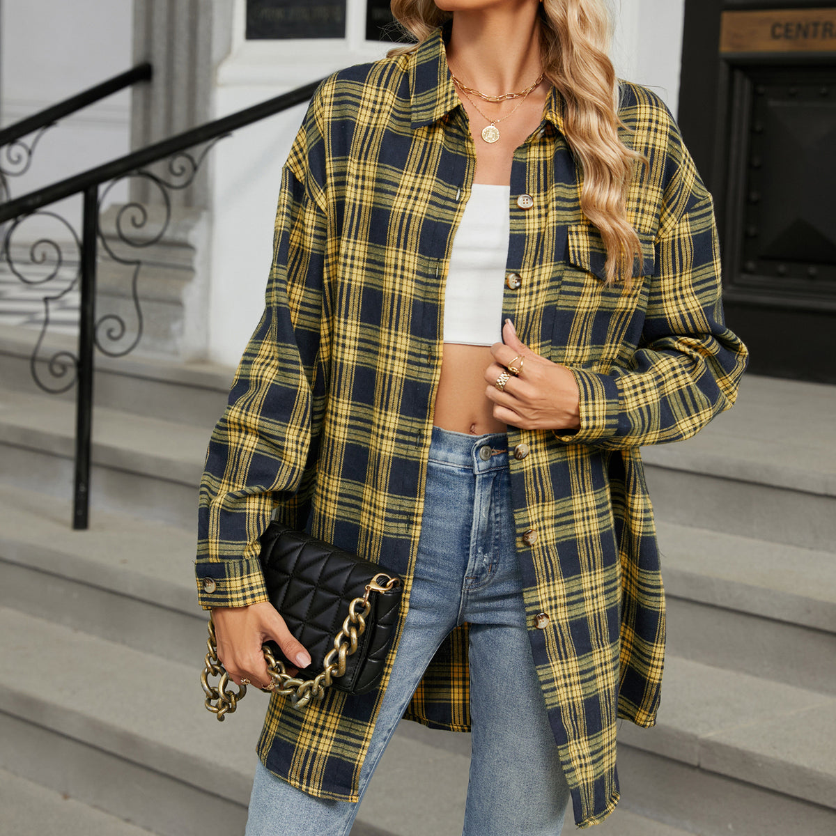 Women's Oversized Plaid Shacket Long Sleeve Button Up