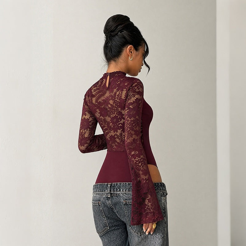 Lace Cutout Bodysuit Mock Neck Flare Sleeve Fitted Top