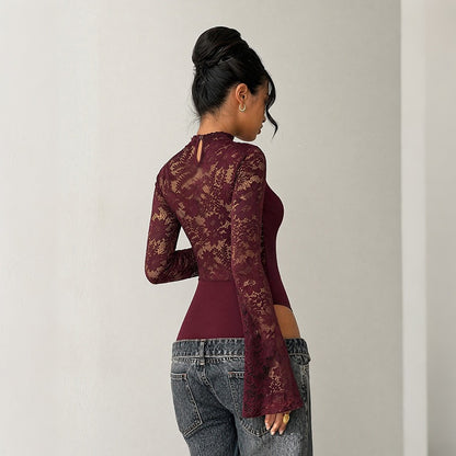 Lace Cutout Bodysuit Mock Neck Flare Sleeve Fitted Top