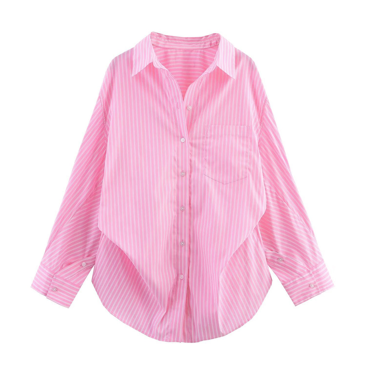 Oversized Striped Collared Shirt Long Sleeve Pocket