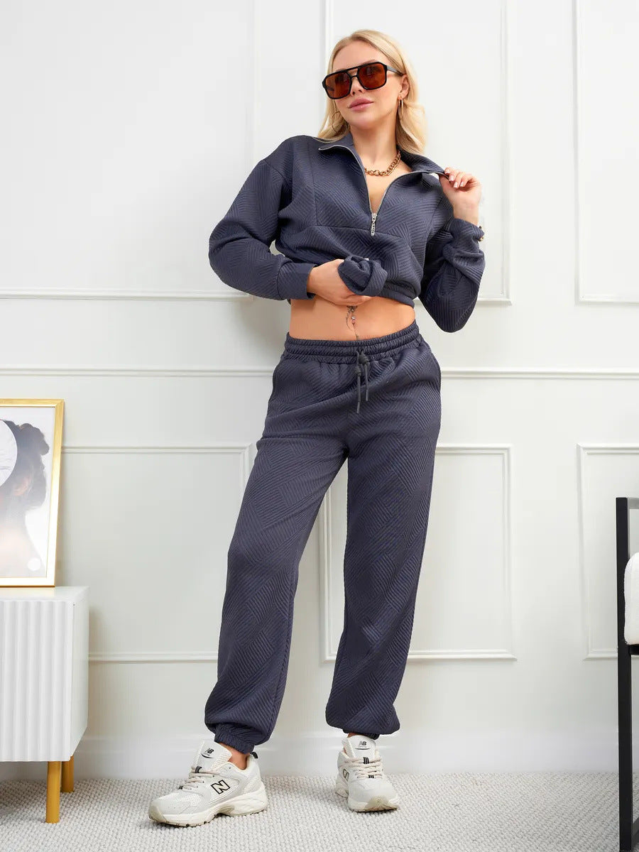 Women's Textured Half Zip Sweatshirt Jogger Set