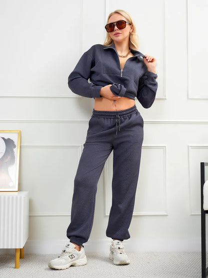 Women's Textured Half Zip Sweatshirt Jogger Set