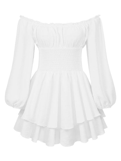 Off Shoulder Smocked Ruffle Mini Dress Puff Sleeve