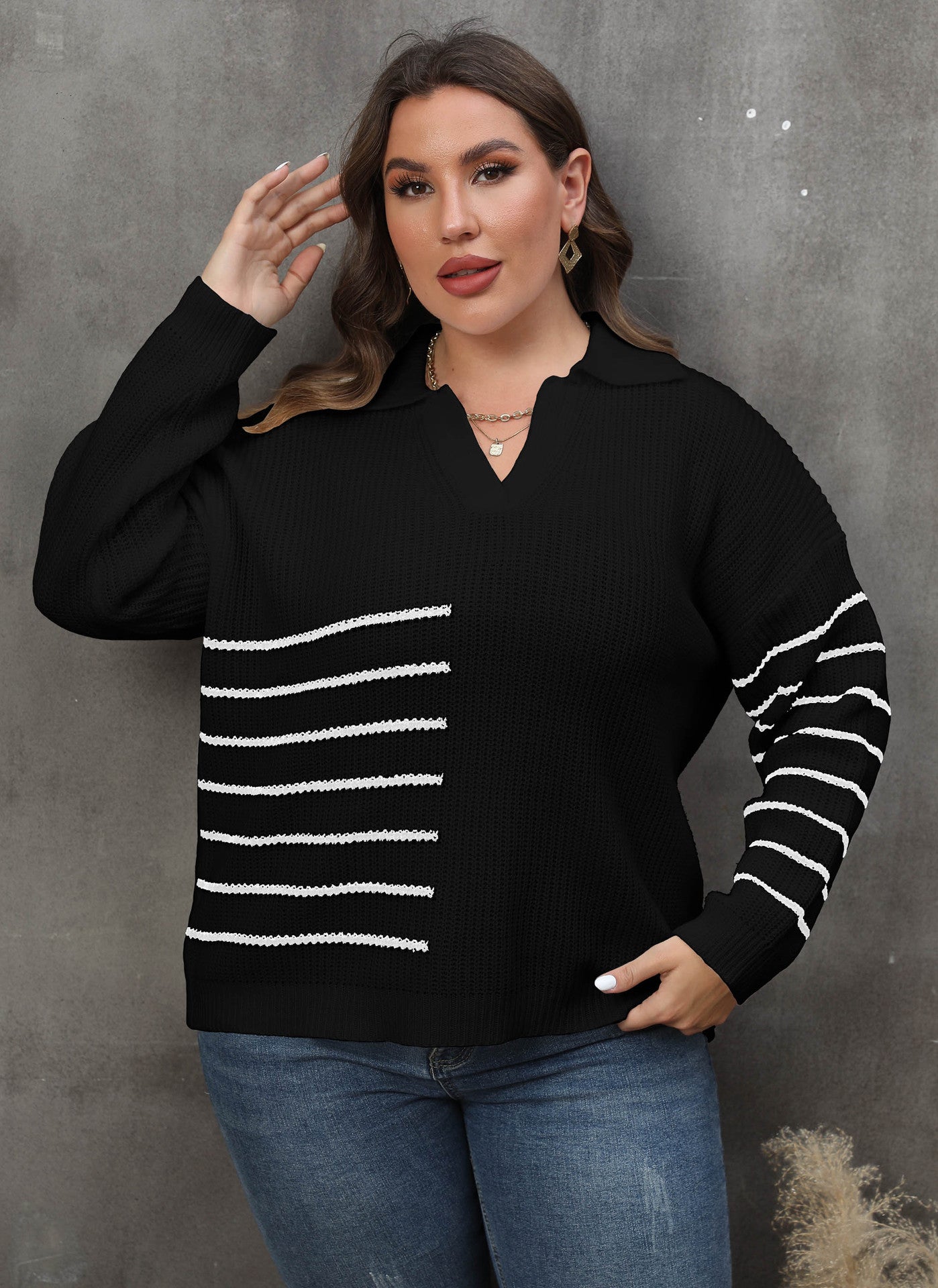 Women's Contrasting Splicing Striped POLO Neck Pullover Sweater