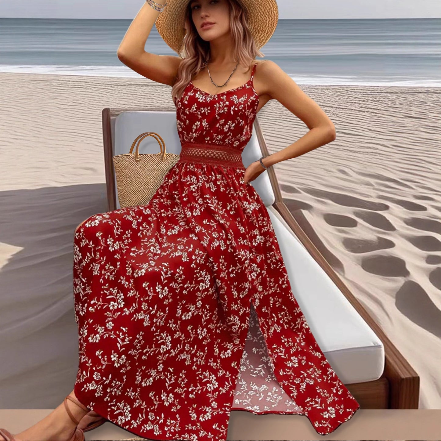 Floral Split V-Neck Spaghetti Strap Maxi Dress for Summer