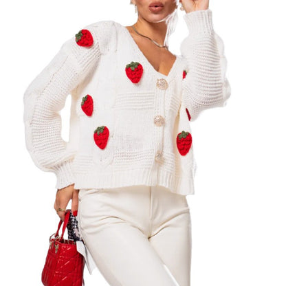 3D Strawberry V-Neck Oversized Knit Cardigan