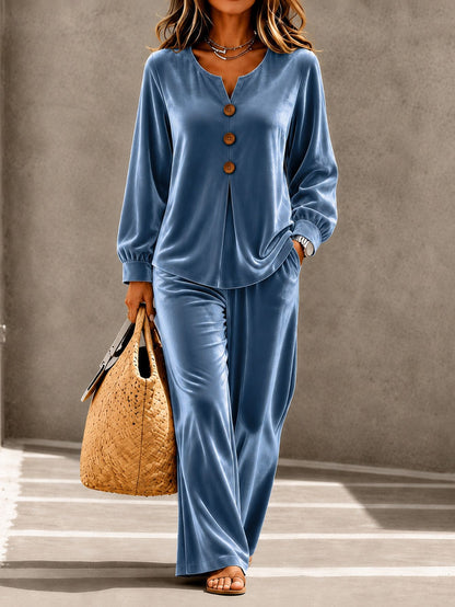 Women's Velvet V-Neck Lounge Set Button Front Top Pants
