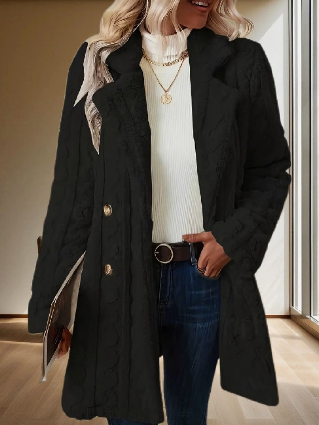 Women's Double Breasted Wool Blend Mid-Length Coat