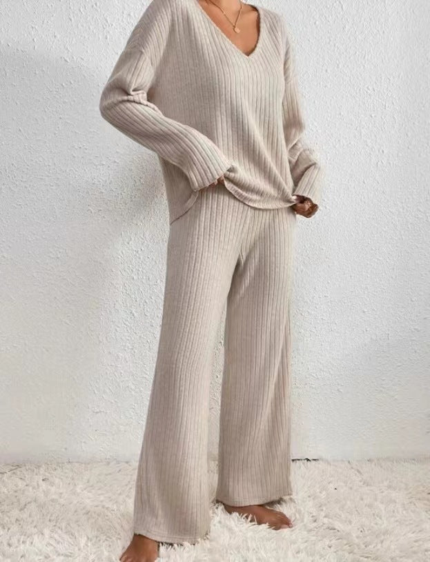 Ribbed Knit V-Neck Top Wide Leg Pants Two Piece Set