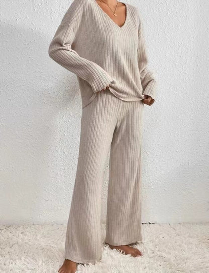 Ribbed Knit V-Neck Top Wide Leg Pants Two Piece Set