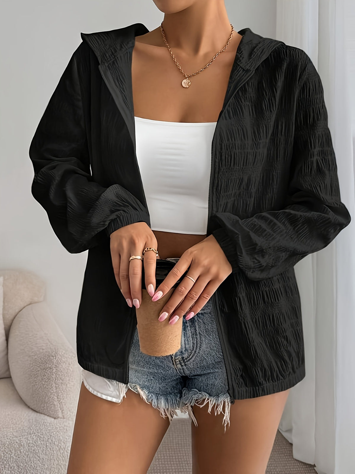 Women's Lightweight Zip Up Hooded Jacket Casual Oversized