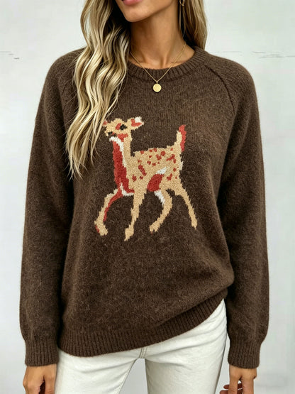 Women's Cute Deer Crewneck Knit Pullover Sweater
