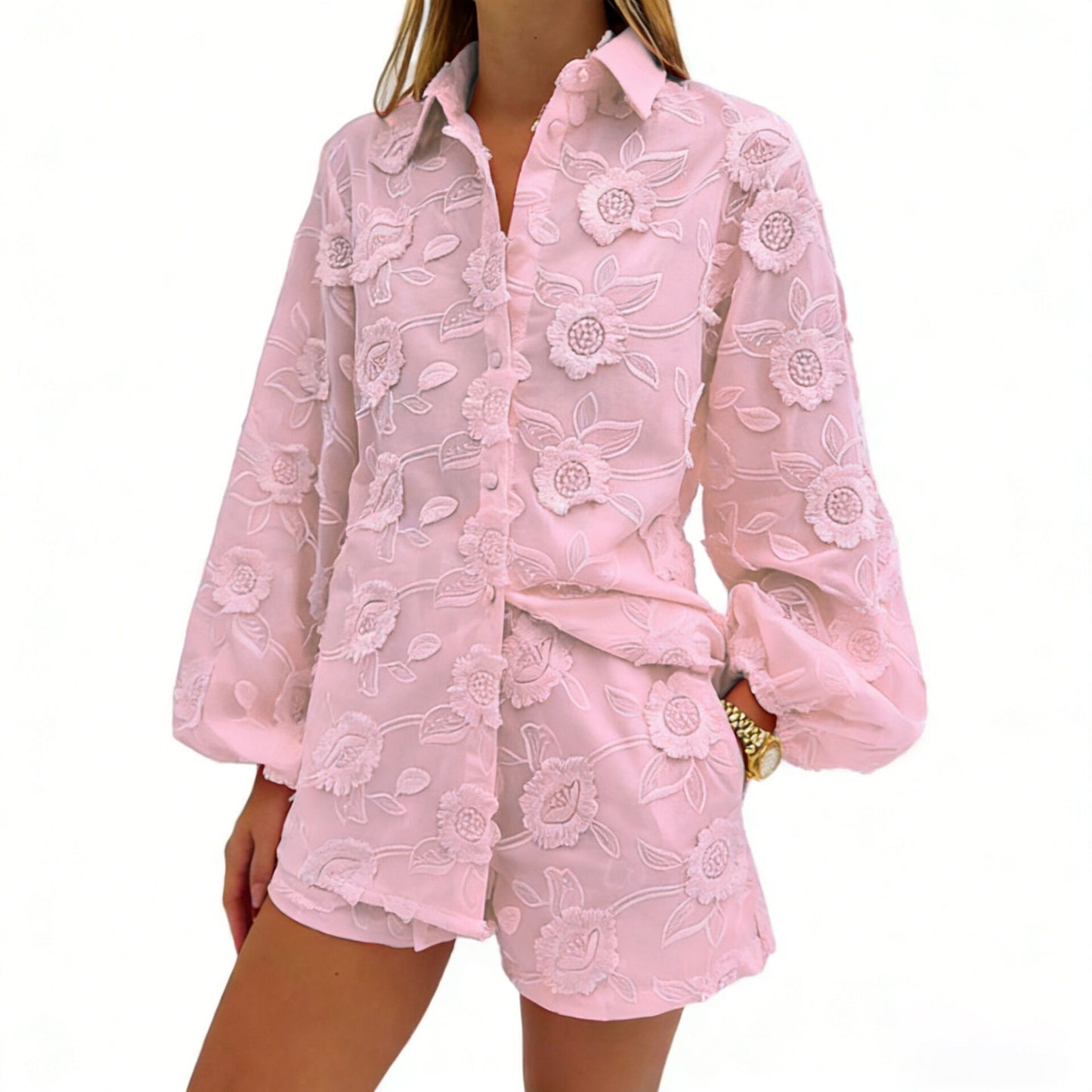 Women's Floral Embroidered Sheer Blouse & Shorts Set