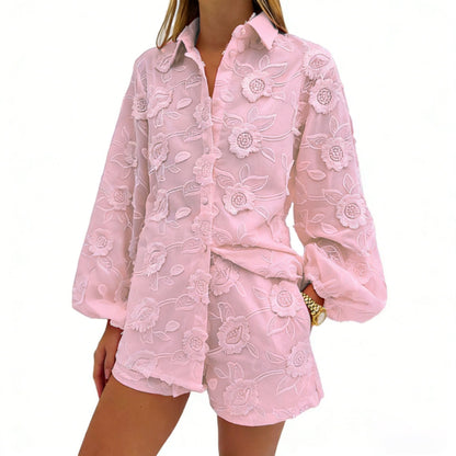 Women's Floral Embroidered Sheer Blouse & Shorts Set