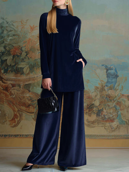 Velvet Turtleneck Wide Leg Pants Lounge Set
