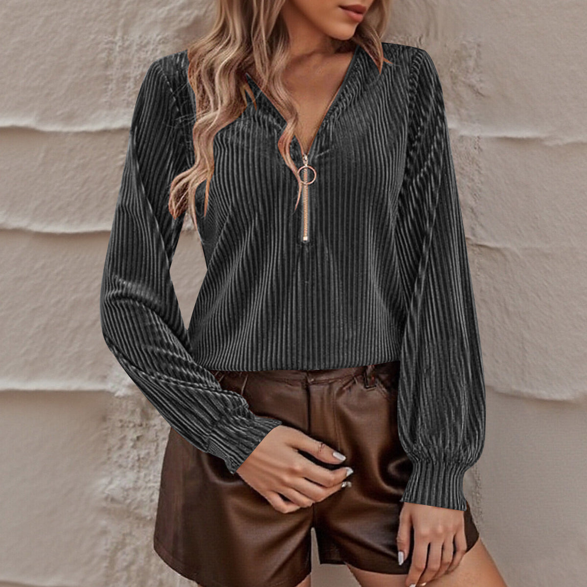 Women's Ribbed Velvet Half Zip V Neck Long Sleeve Top