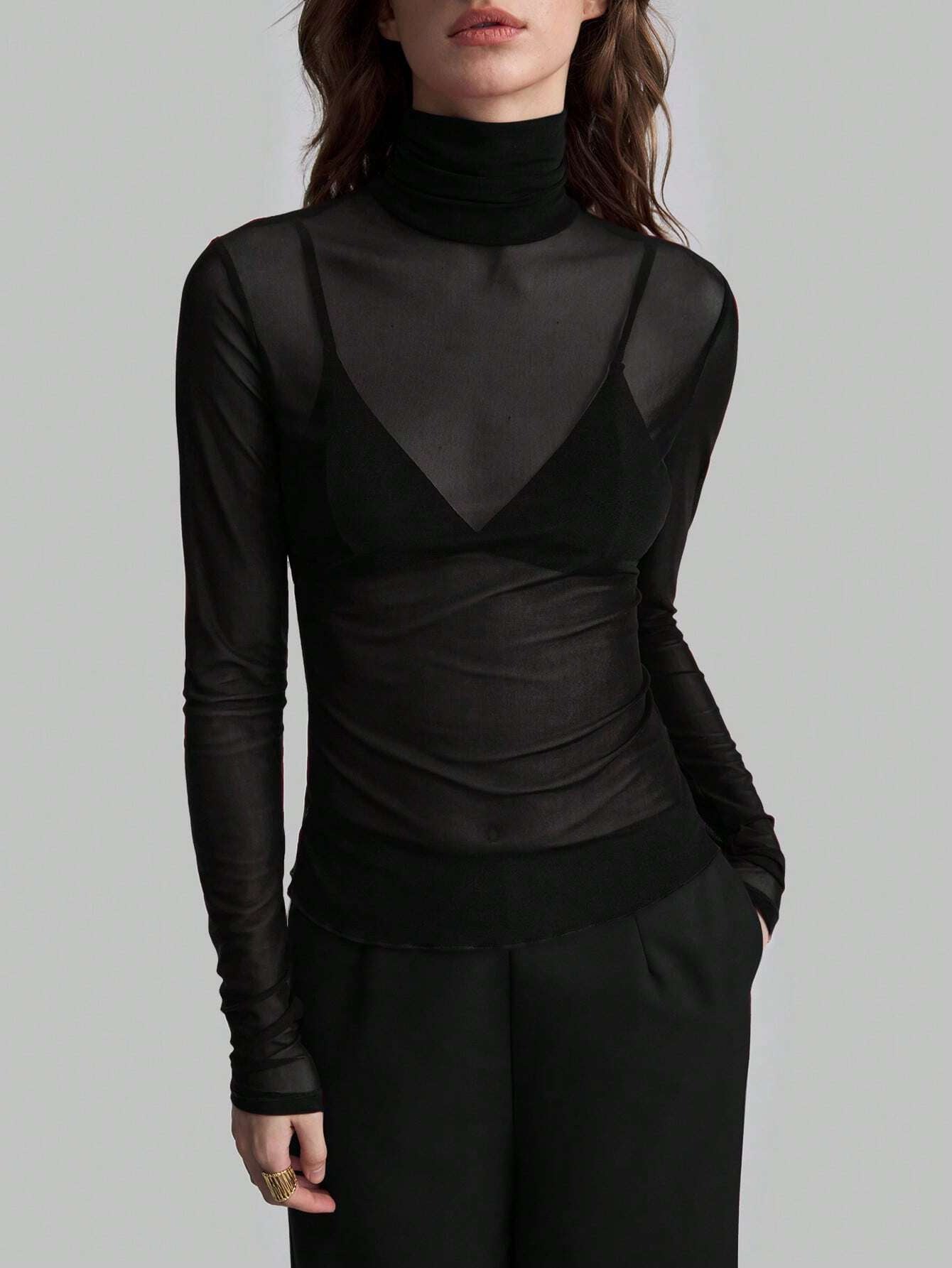 Solid Mesh Turtleneck Top Long Sleeve Fitted Blouse