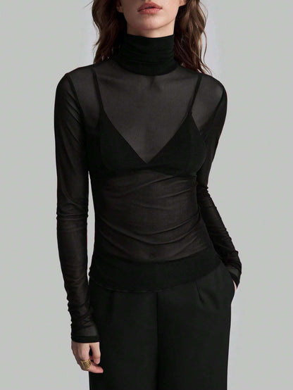 Solid Mesh Turtleneck Top Long Sleeve Fitted Blouse