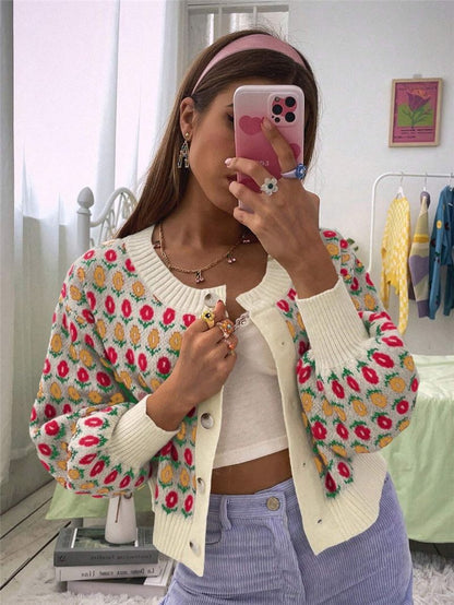 Women's Floral Button Front Crop Cardigan Sweater