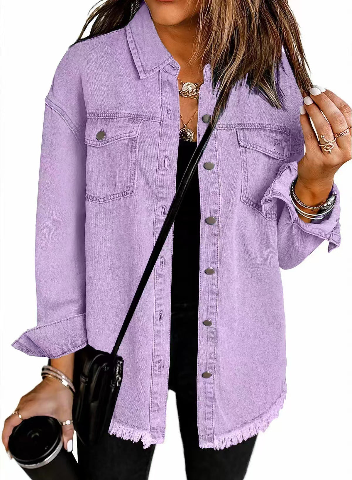 Women's Oversized Denim Shacket Frayed Hem