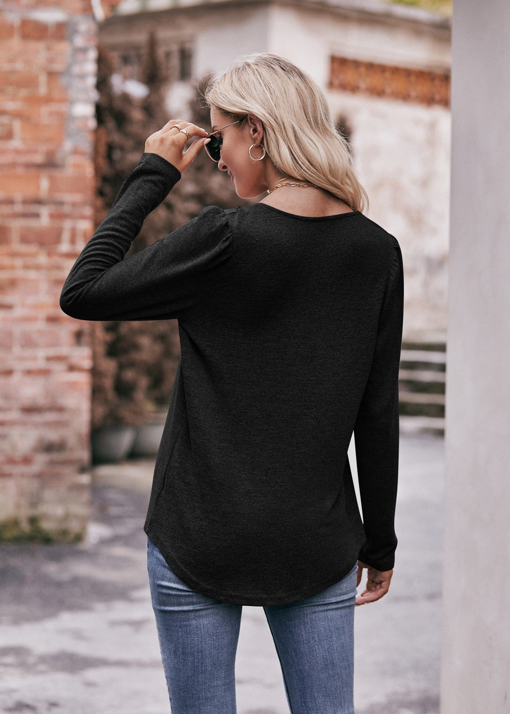 Square Neck Pleated Long Sleeve Top for Women