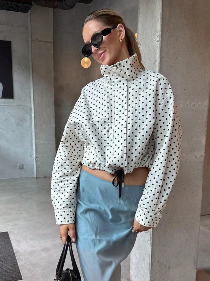 Polka Dot Zip Jacket Stand Collar Pocket Loose Coat