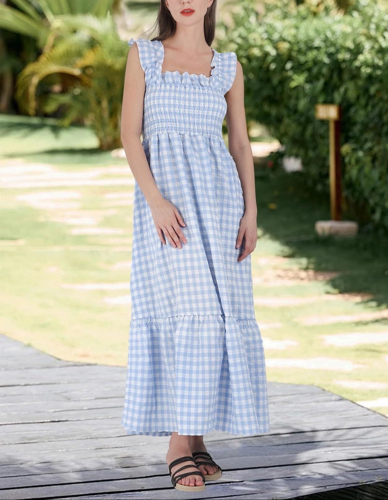 Gingham Smocked Maxi Dress Square Neck Ruffle Sleeve