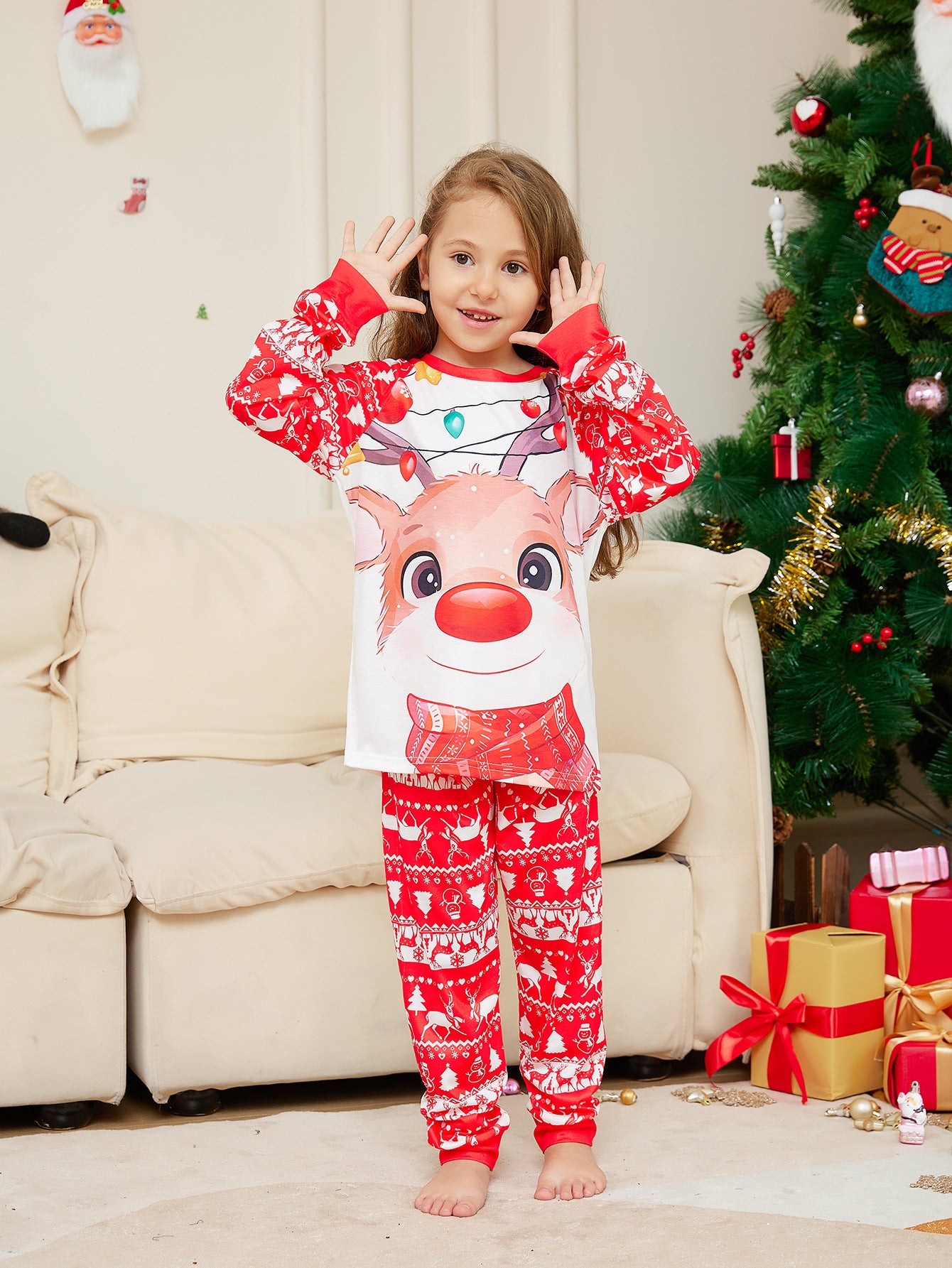 Parent-child Loungewear Deer Print Crew Neck Long-sleeved Christmas Pajama Set