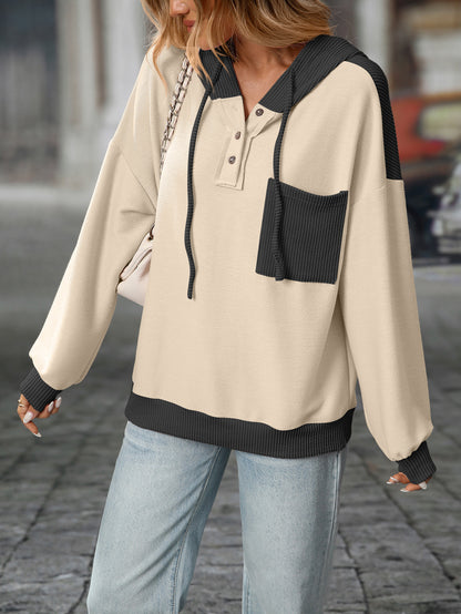2025 Fall/Winter Colorblock Knit Trim Hoodie – Casual Pullover Sweatshirt