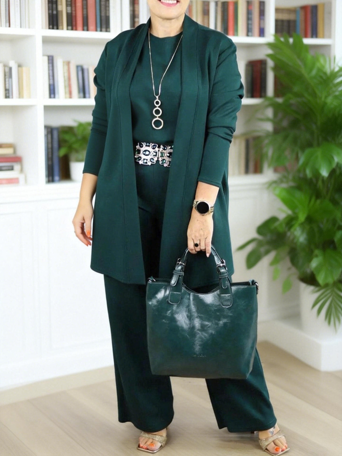 Women 3 Piece Solid Knit Lounge Set Cardigan Top Pants