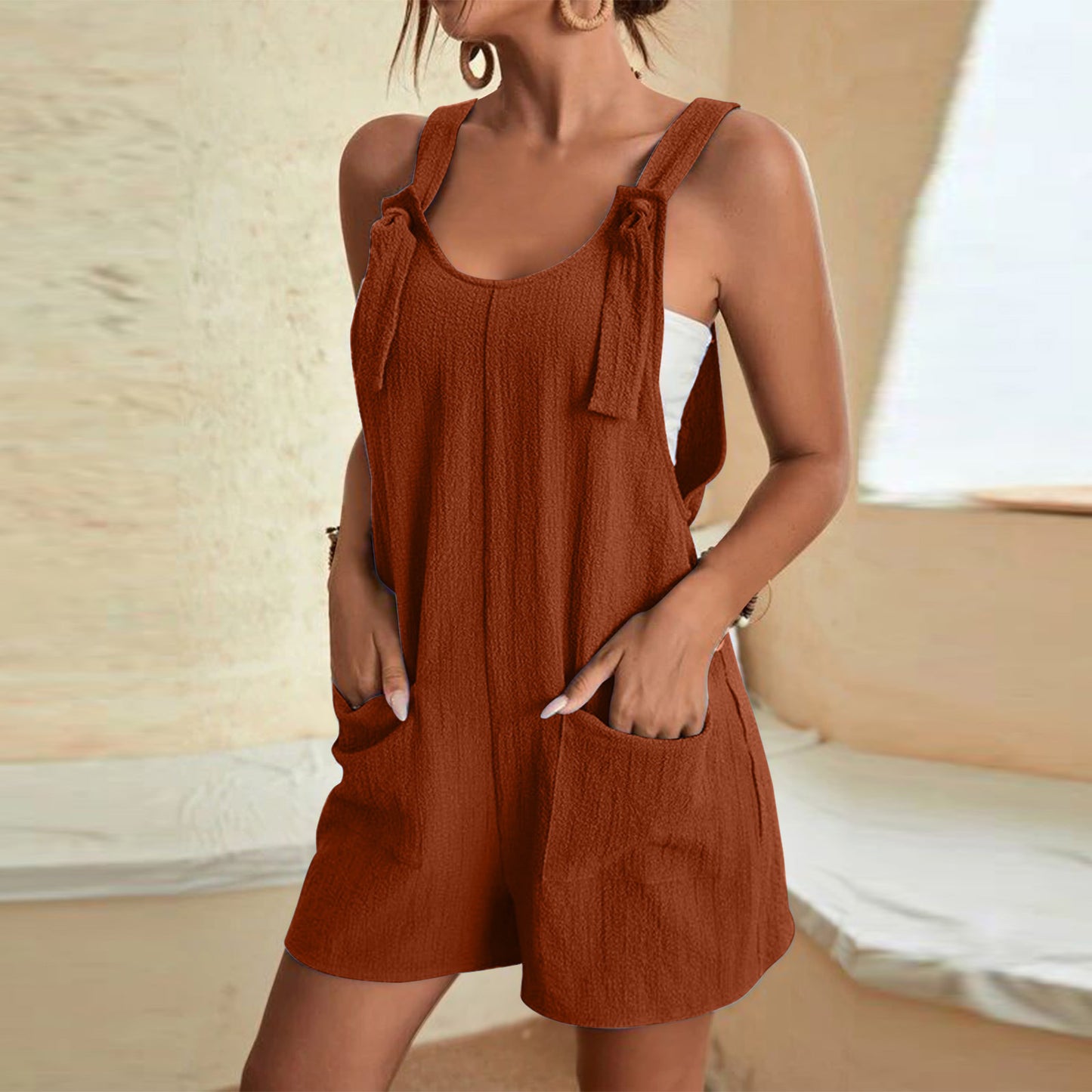 Women’s Adjustable Strap Romper Shorts with Pockets