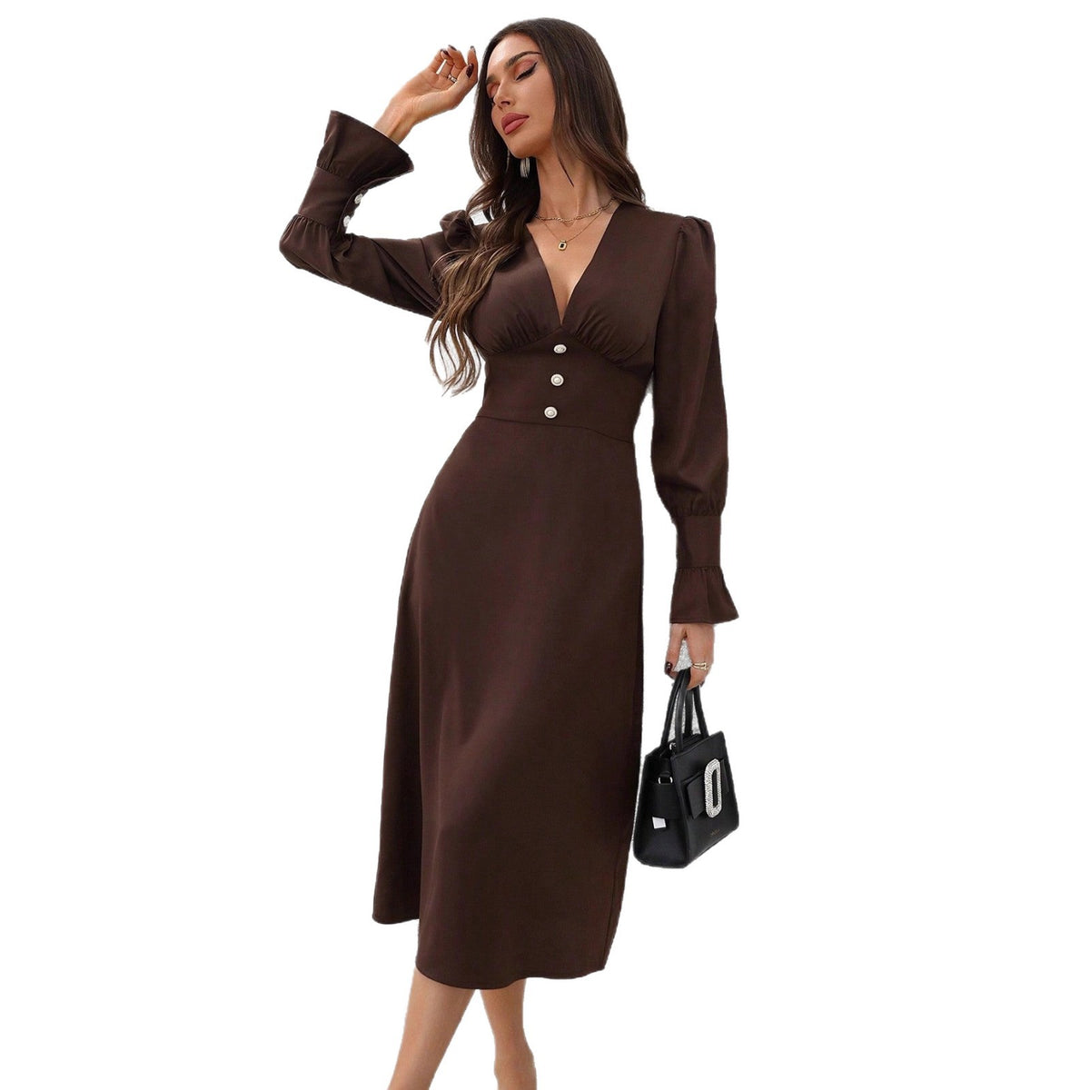 V-Neck Long Sleeve Button Front Midi Shirt Dress