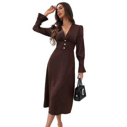 V-Neck Long Sleeve Button Front Midi Shirt Dress