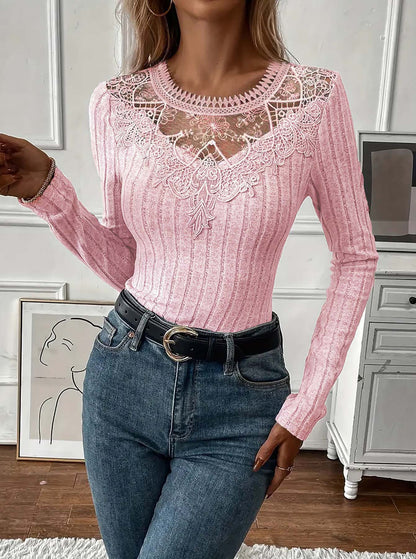 Women's Lace Panel Ribbed Long Sleeve Top