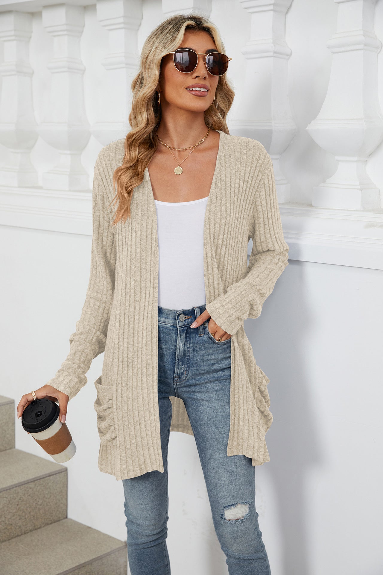 Simple Pocketed Long Sleeve Cardigan Knit Top