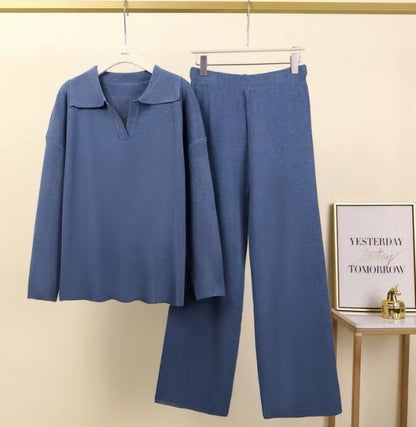 Women's Two Piece Knit Polo Sweater Wide Leg Pants Set
