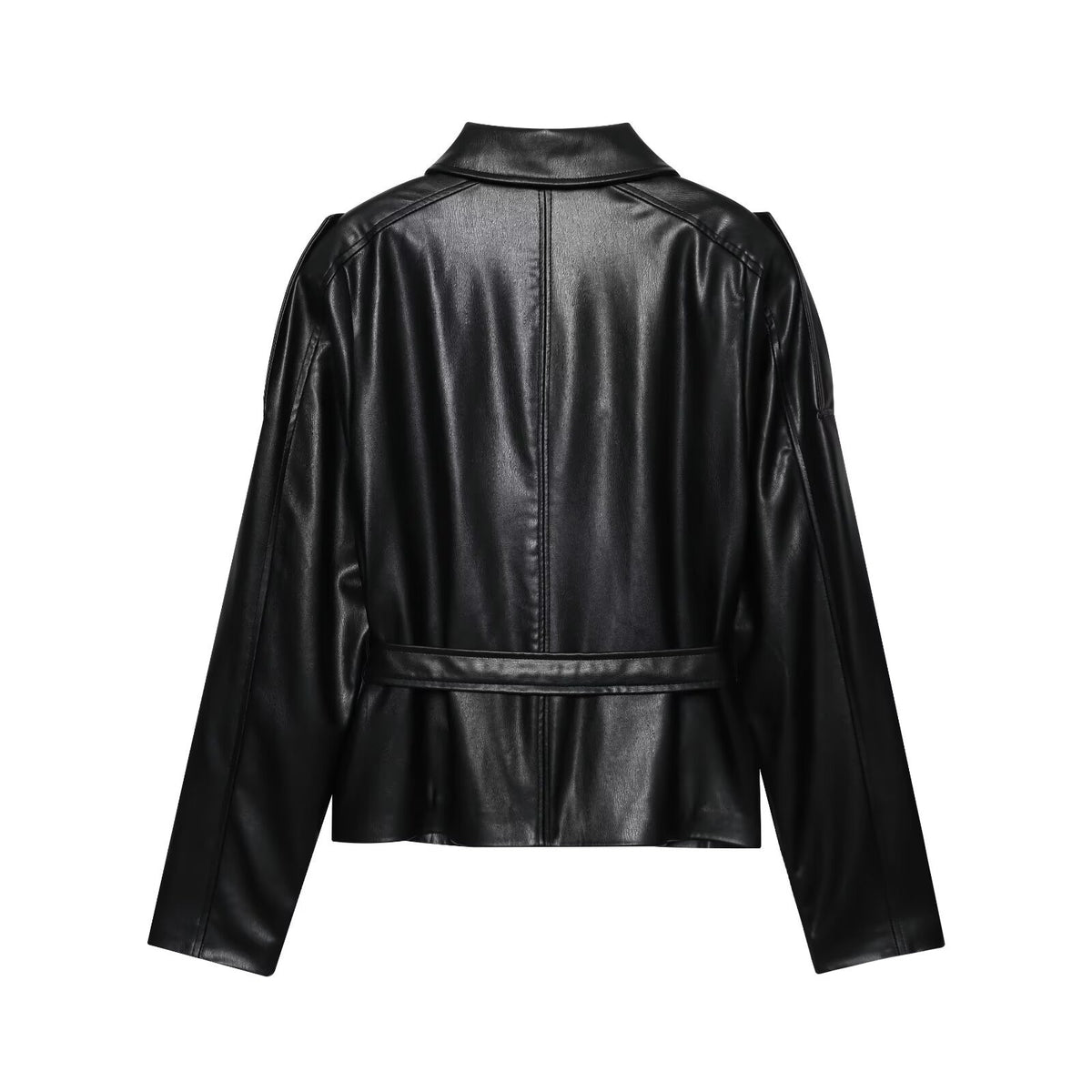 Women's Faux Leather Belted Cropped Lapel Jacket