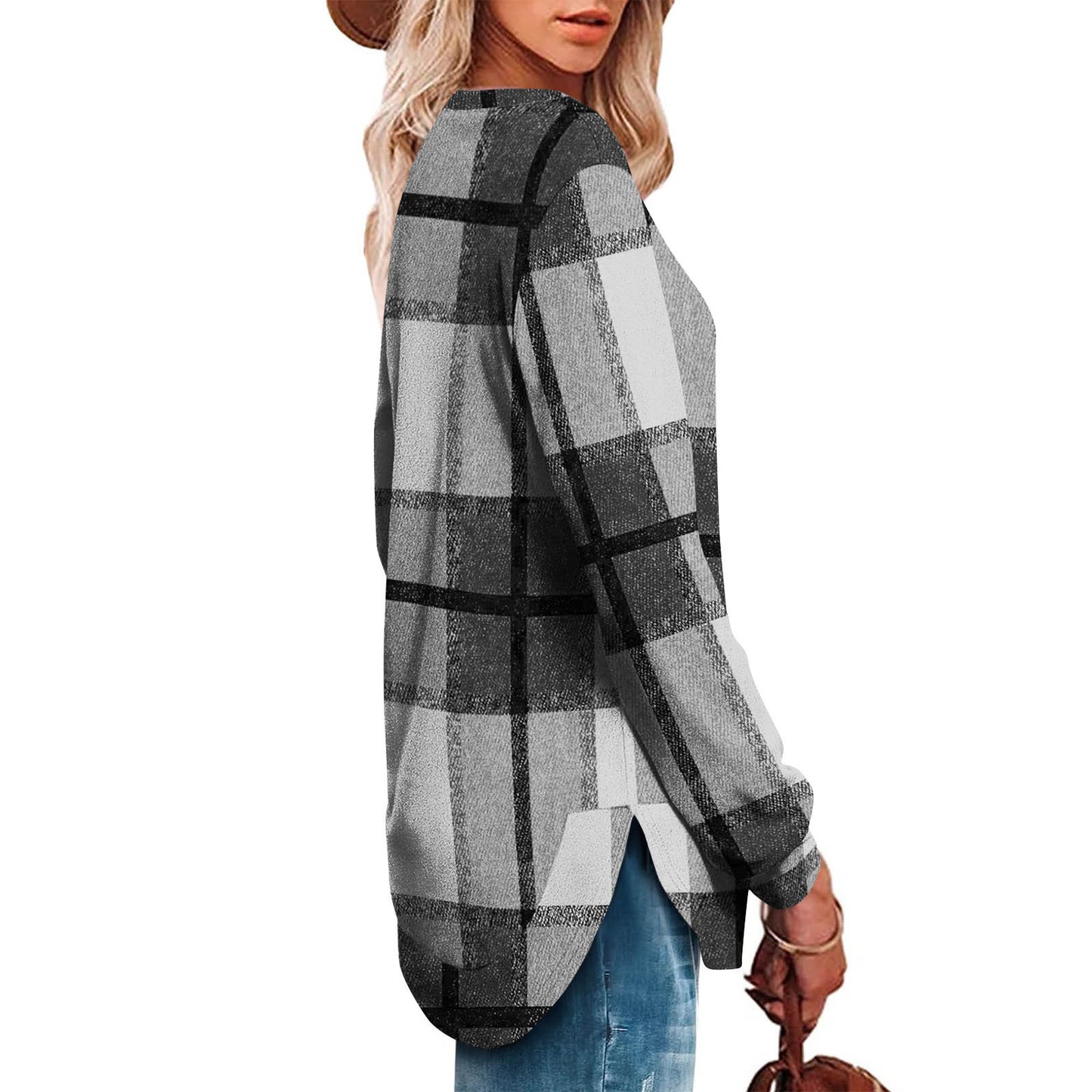 Women's Oversized Plaid Long Sleeve Tunic Top Curved Hem