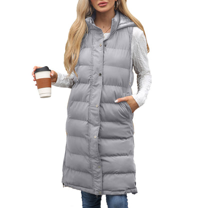 Women's Long Hooded Sleeveless Quilted Puffer Vest