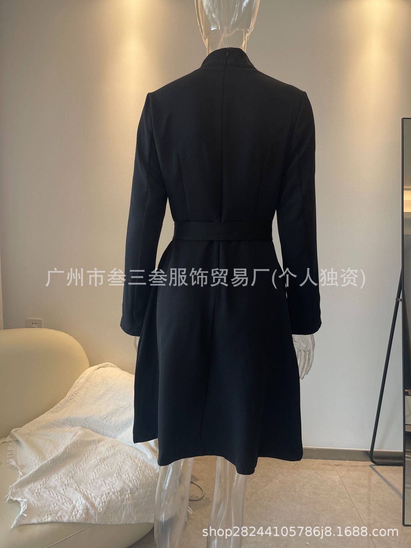 Women Mock Neck Long Sleeve Zip Front Belted A-Line Dress