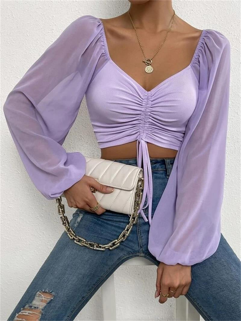 Women's Ruched Tie Front Crop Top Sheer Puff Sleeve Blouse