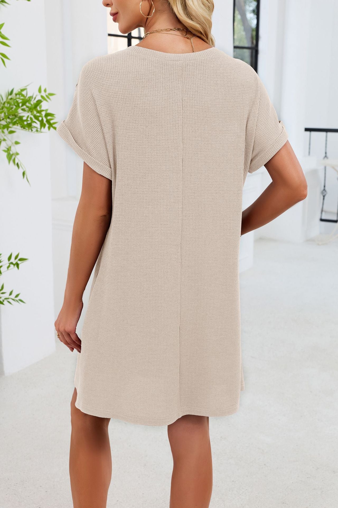 Blue Gray Yoke Loose T Shirt Dress Crew Neck